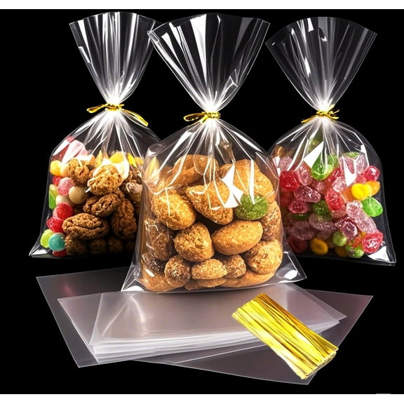 100Pcs Clear Cellophane Treat Bags with Twist Ties, 5.12 x 7.09 inch Plastic Goodie Gift Bags for Party Favors, Candies, Cookies, Snacks