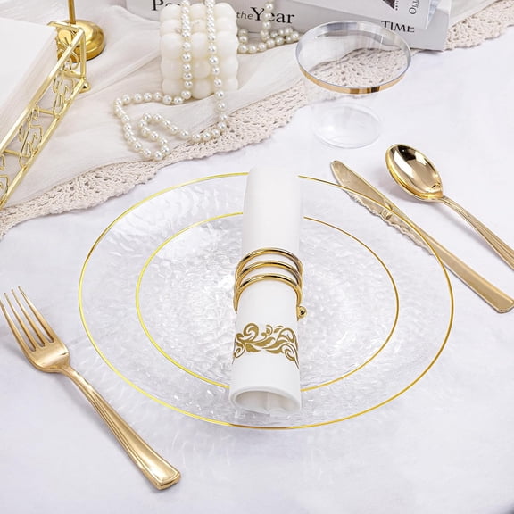 100Pcs Clear Gold Plastic Plates, Disposable Plates With Gold Rim, Heavy-duty Party Platos, Hammered Plastic Plates Include 50 Clear Dessert Plates, 50 Dinner Plates for Party