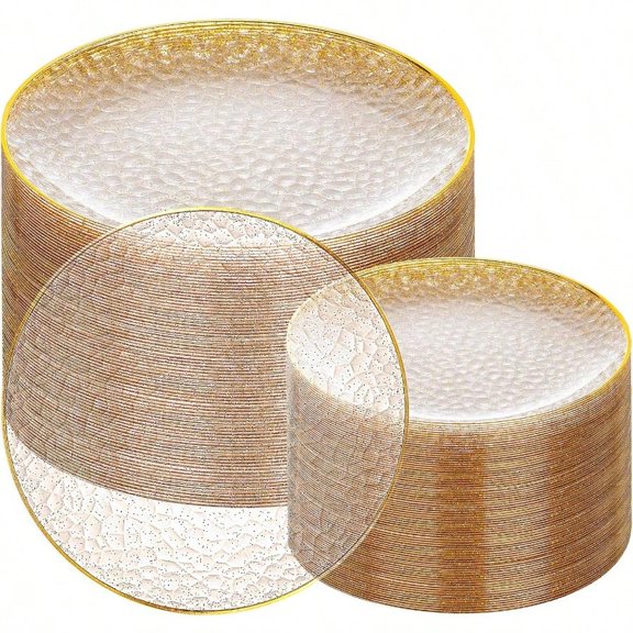 100Pcs Clear Gold Plastic Plates Gold Glitter Disposable Plates Hammered Plastic Plates Included 50 Dinner Plate And 50 Dert Plate for Weddings Party Birthday
