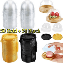 100Pcs Clear Plastic Mini Cupcake Boxes, cake containers with lids,individual cupcake boxes for Wedding & Birthday Gifts, Perfect for Cheese, Pastry, Dessert, Mooncake (50 Gold 50 Black)