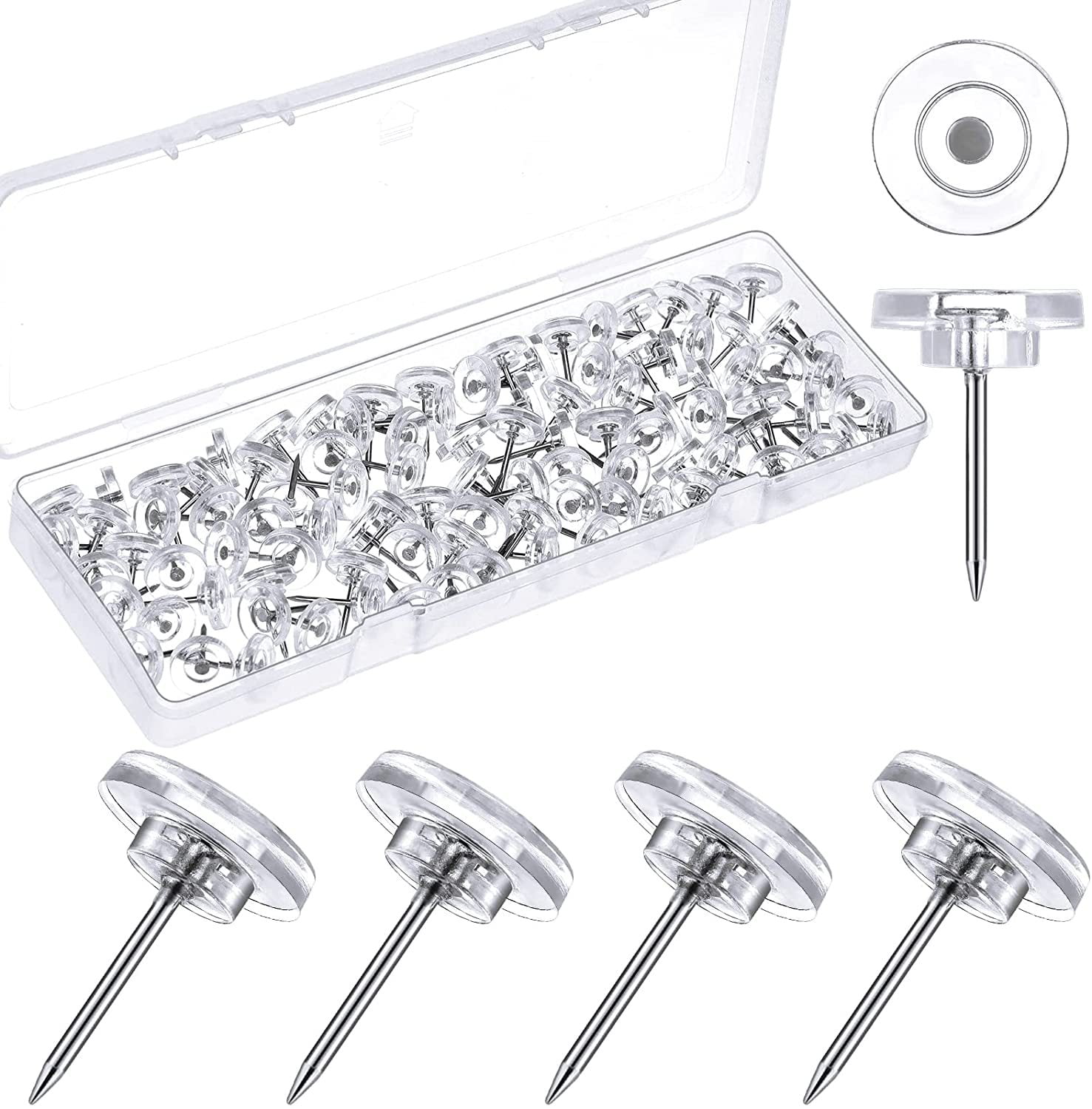 70pcs Silver Metal Flat Head Push Pins: Clear Plastic Head Thumb Tacks For  Wall, Board, Map, Calendar, Home Office