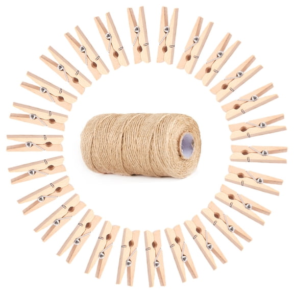 100Pcs Clothespins with String, 1.4Inch Wooden Clothes Pins with 328Ft Jute Twine, Mini Baby Shower Photo Clips, Natural Brown Clips for Hanging Photo, Clothes, DIY Crafts, Wrap Bags