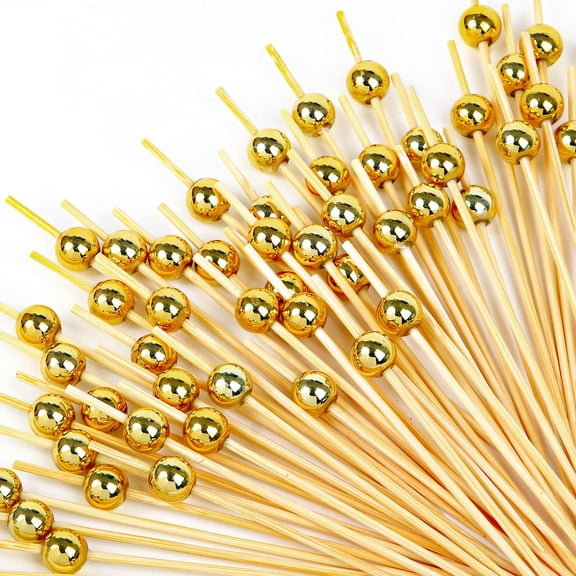 100Pcs Cocktail Picks,Gold Food Sticks Toothpicks Bamboo Garnish Skewers with Gold Pearl for Party Appetizers,Desserts,Drinks