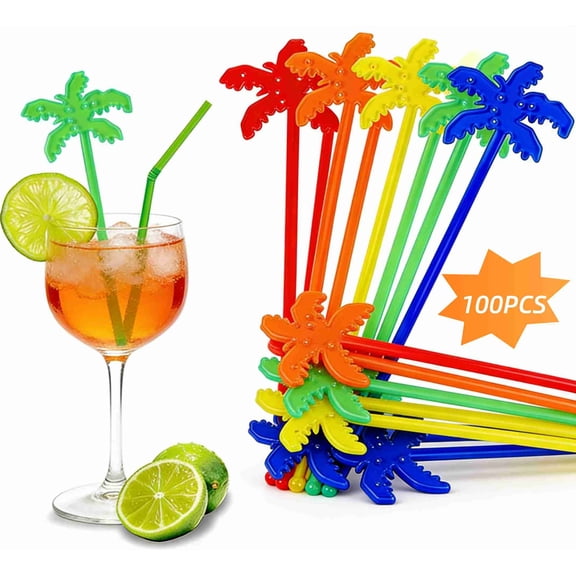 100Pcs Coconut Decorative Stirring Sticks, Plastic Tropical Ice Drinks Cocktails Coffee Stirrers for Bars Restaurants Weddings Hawaiian Parties