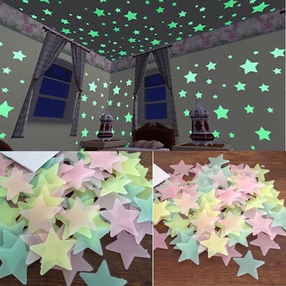 100Pcs Colorful Glow in The Dark Luminous Stars Fluorescent Noctilucent Wall Stickers Murals Decals for Home Art Decor, Ceiling Wall Decorate Bedroom Room Decorations 1.19"