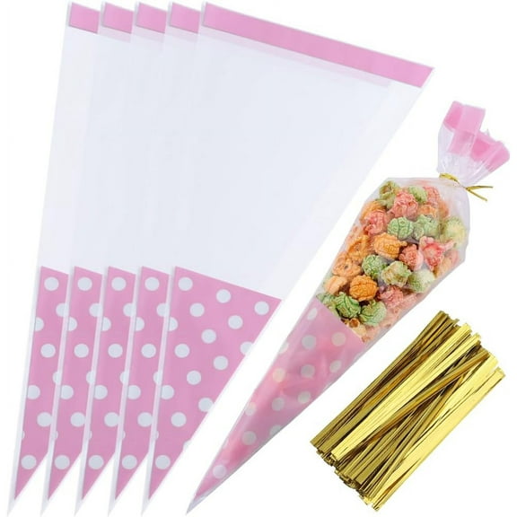 100Pcs Cone Candy Bag Clear Triangle Dot Candy Pouches Treat Bags Plastic Goody Cookies Storage with Twist Ties for DIY Christmas Birthday Party Wedding Gift Supplies 7x14inch