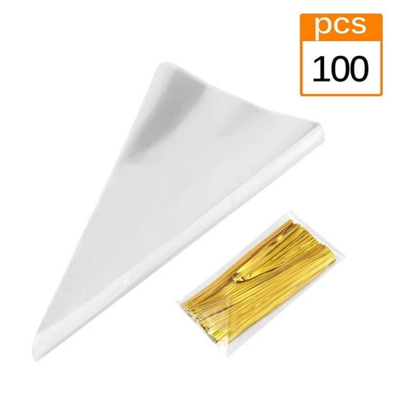 100Pcs Conical Clear Bags 13×25Cm With Twist Ties, Transparent Reusable Bags For Candy Diy Flower Packaging Party Favors, 100-Pack For Big Kids Teens 14+ Crafting And
