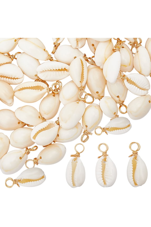 100Pcs Cowrie Shell Dyed Pendants with Brass Wire Loops Shell Shape Charms Golden 22x11x8mm Hole: 2.8mm