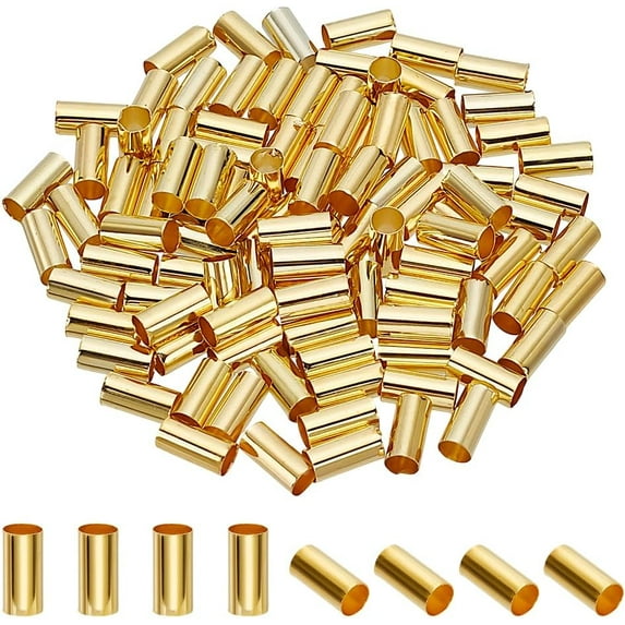 100Pcs Crimp Tube Beads Bulk 10mm Gold Plated Tube Bead Crimping Bead Accessories Column Loose Spacer Beads for Jewelry Making Hole: 4.5mm