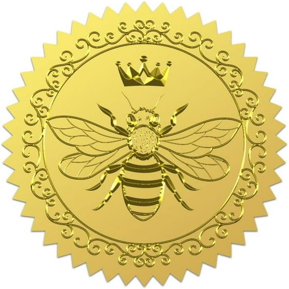 100Pcs Crown Bee Gold Foil Stickers 2 Inch Insects Theme Gold Envelopes Seals Bumble Vintage Bee Round Self Adhesive Embossed Seal Labels for Invitations Greeting Card Envelopes