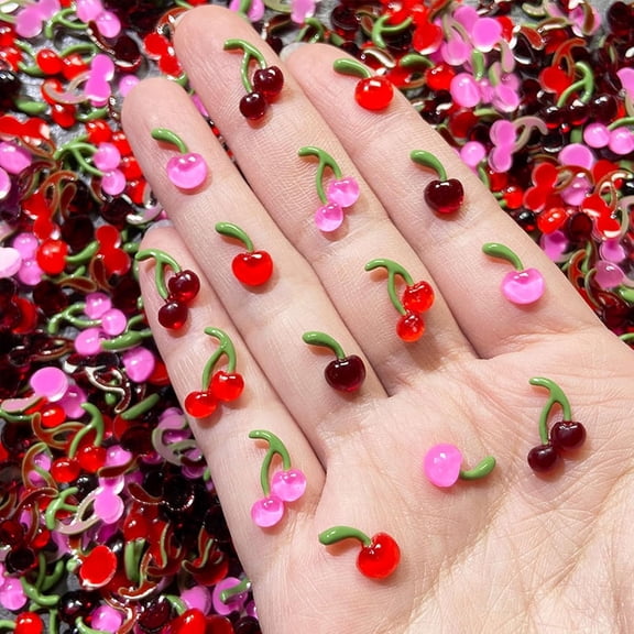 100Pcs Cute Cherry Nail Charms Resin Cherry Nails Rhinestones 3D Colorful Summer Fruit Nails Diamond Crystal Acrylic Nail Decorations for Women Summer Nail Art Supplies