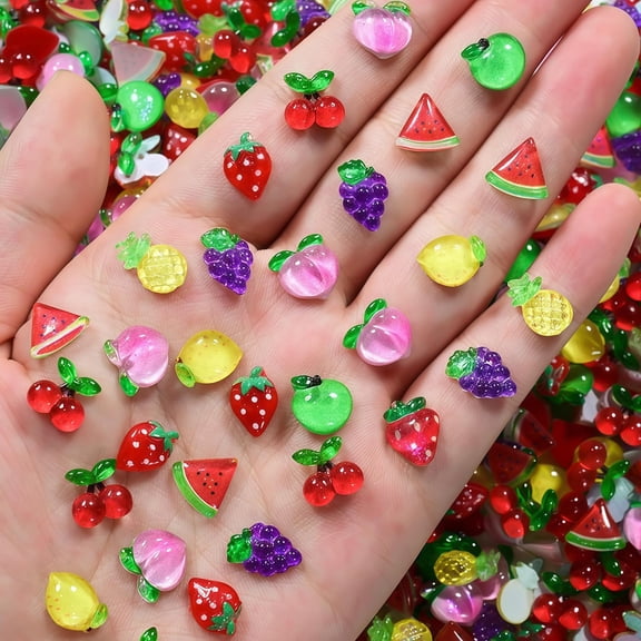 100Pcs Cute Fruit Nails Charms 3D Resin Fruit Nail Art Rhinestones Summer Strawberry Cherry Grape Watermelon Pineapple Apple Nail Jewelry Nail Gems Acrylic Nail Art Supplies for Women Nail Decoration