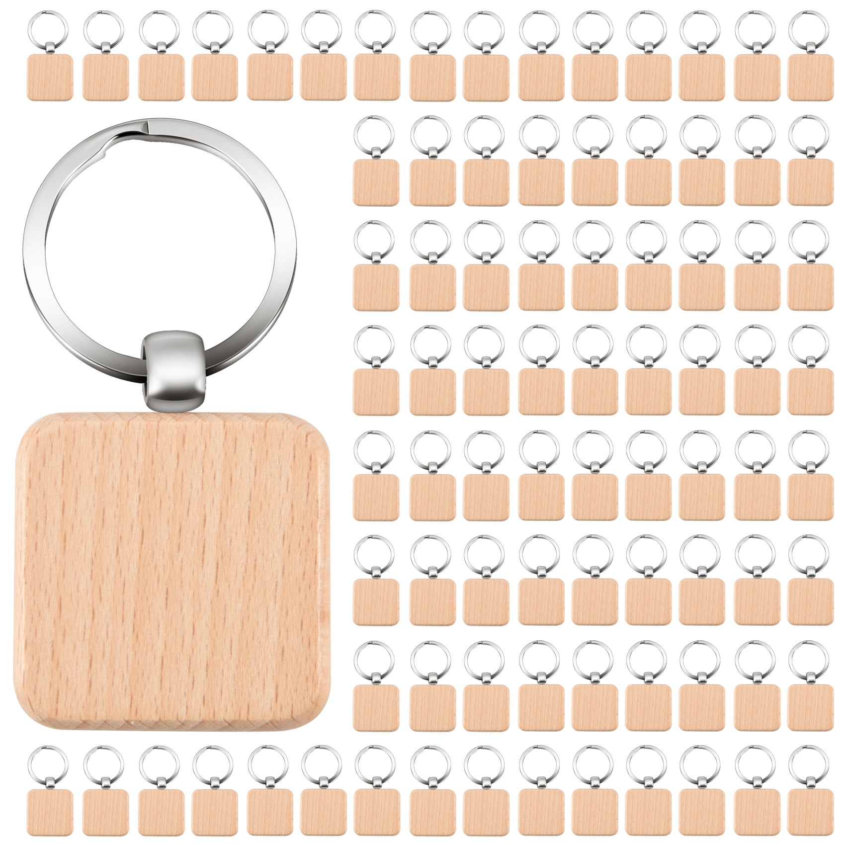 100Pcs DIY Blank Wooden Key Chain Square Carved Key Ring Wooden Key Ring About 40 x 40 mm,100 x Wooden Key Chain,Wood color & silver