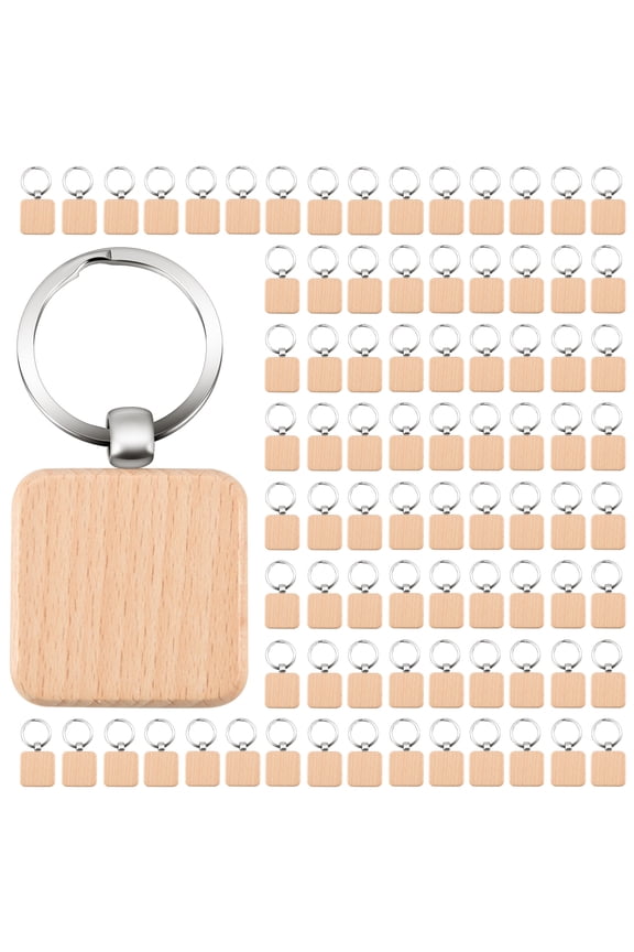 100Pcs DIY Blank Wooden Key Chain Square Carved Ring About 40 x mm