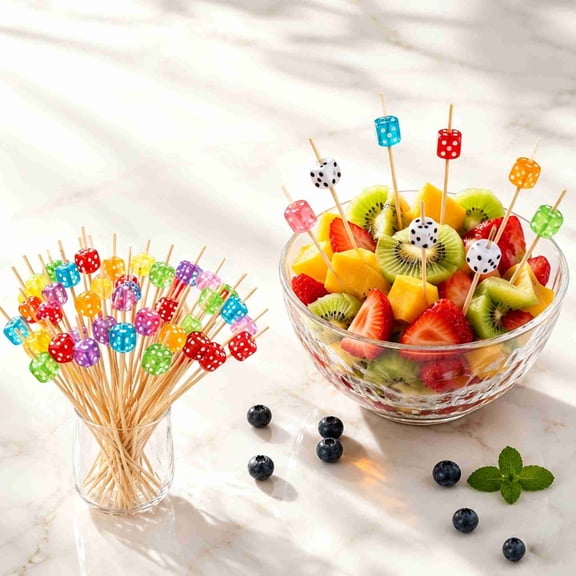 100Pcs Dice Cocktail Picks, 4.72in Decorative Bamboo Toothpicks, Dice Fruit Picks for Cocktail Drinks, Charcuterie Board, Party Food Garnish, Colorful