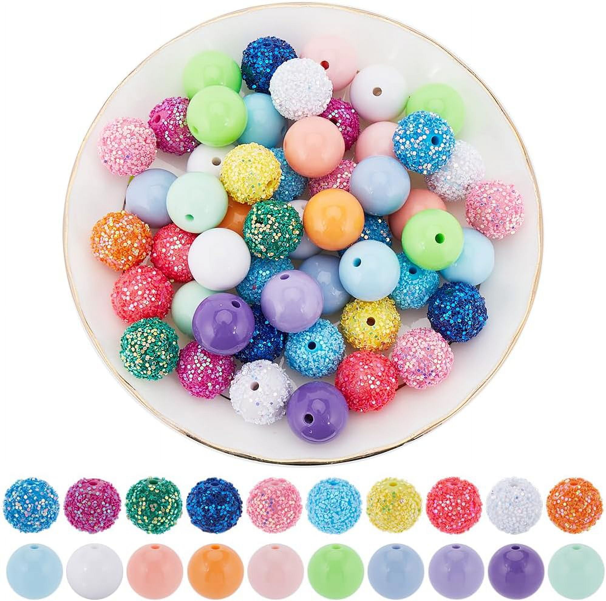 100Pcs Disco Ball Bead Beadable Pens Beads Bulk Acrylic Colorful Bubblegum Rhinestone Chunk Beading Round Large Loose Spacer Beads for Jewelry Making DIY Craft Pen Bracelet Supplies