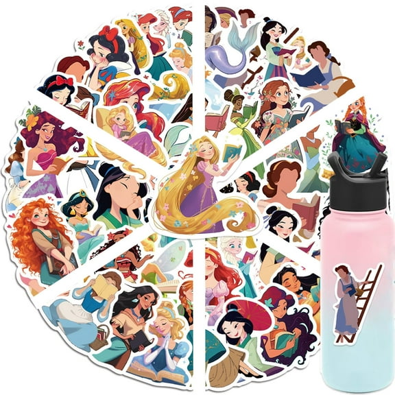 100Pcs Princess Stickers for Water Bottle Laptop Computer Phone Case Luggage Notebook Skateboard Lunchbox Decals Gifts for Kids Teen Adults