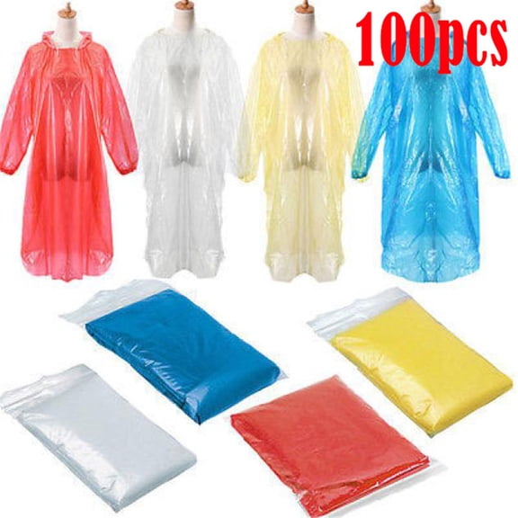 100Pcs Disposable Adult Emergency Rain Coat - Hiking Camping Hood, Easy to Carry & Foldable, One Size Fits All, Perfect for Emergencies & Outdoor Events