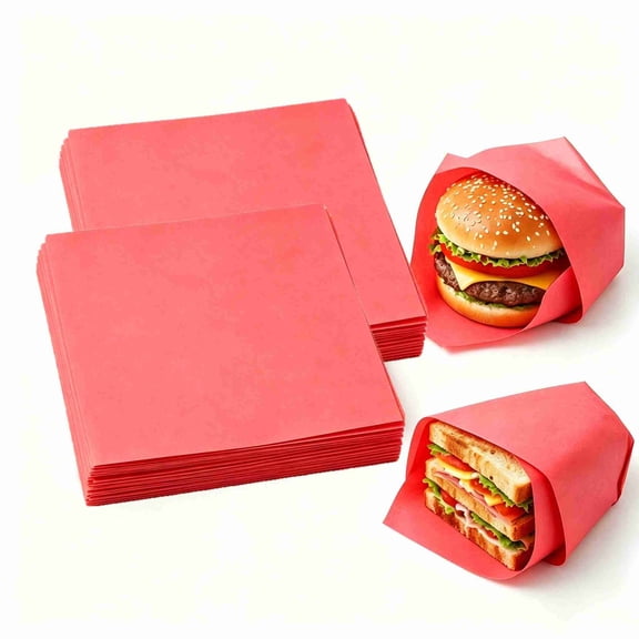 100Pcs Disposable Deli Paper Liners, 12 Inch Square Oil Proof Food Grade Deli Wrap Sheets for Party Catering Fast Food Serving Trays, Red