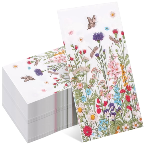 100 Pack Butterfly Floral Paper Napkins, Disposable Guest Towels for Bathroom, 2-Ply Decorative Dinner Napkins for Wedding, Birthday Party Supplies