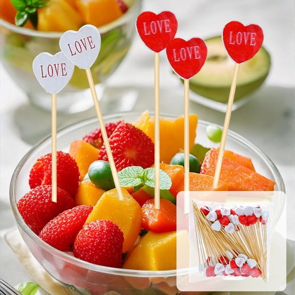 100Pcs Disposable Red & White Heart-Shaped Cocktail Picks – 4.7" Long Fruit Sticks Food Toothpicks Sandwich Appetizer Charcuterie Skewers, Party Toothpicks, Valentine’s Day Decor