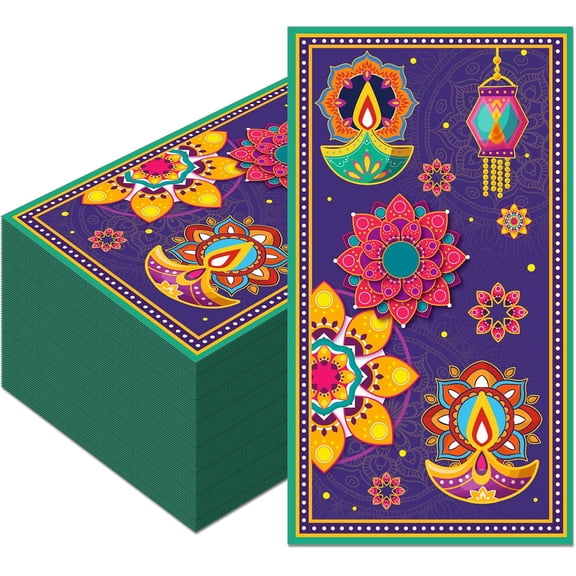 100Pcs Diwali Paper Napkins - Diwali Disposable Luncheon Dinner Napkins with Diyas Rangolis Lanterns Mandalas Designs, 4.3 x 7.9 Inch for Diwali Light Festival, Indian Party Supplies, Puja, Weddings