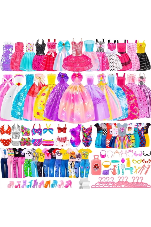 110PCS Fashion Doll Clothes and Accessories Set for 11.5 Inch Dolls, Dresses, Shoes and Hangers, Doll Wardrobe Dress Up Set for Girls Ages 3+