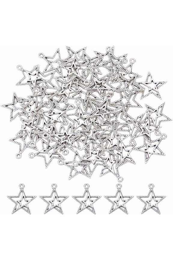 100Pcs Double Star Charms 5 Point Star Metal Charm Bulk Hollow Tibetan Style Silver Pendants for Bracelets Earring Necklace Jewelry MakingHole:1.5mm Silver DIY