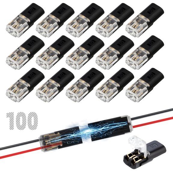100Pcs Double Wire Plug in Connector, 2-Pin Low Voltage Wire Connectors with Locking Buckle, 2 Way Quick Wire Tap Connectors for LED Stripe Lights, No Wire Stripping Cutting