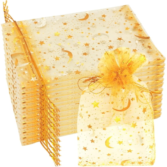 100Pcs Dream Night Sky Star Moon Gold Organza Lovely Bags Jewelry Cosmetic Bags 4.3x6.3 Inch Drawstring Mesh Favor Pouches Giftwrap Bags Christmas for Wedding Party Gift Packaging