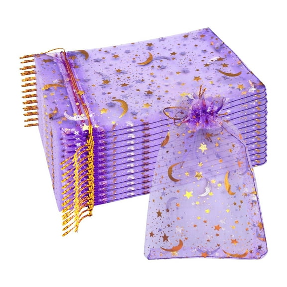 100Pcs Dream Night Sky Star Silver Moon Organza Lovely Bags Jewelry Cosmetic Bags Drawstring Mesh Favor Pouches Giftwrap Bags for Wedding Party Gift Packaging, 4.3x6.3 Inch