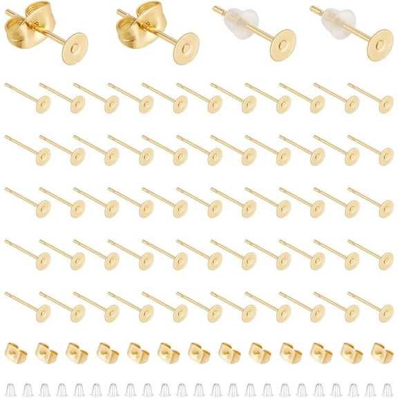 100Pcs Earring Posts Golden Stud Earring Findings with 100pcs Ear Backs 4mm Flat Pad Earring Studs Flat Back Blank Earring Studs Earring
