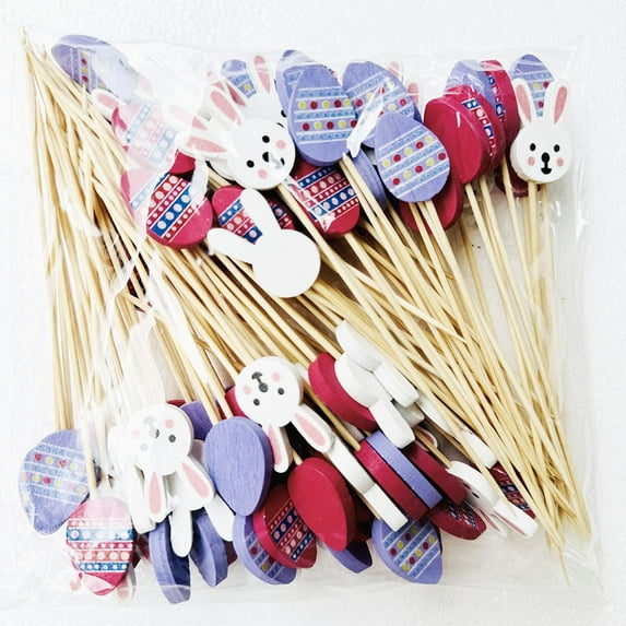 100Pcs Easter Bunny and Egg Cocktail Bamboo Sticks, Easter Toothpicks Bamboo Suitable For Drinks Snacks Fruits Easter Day