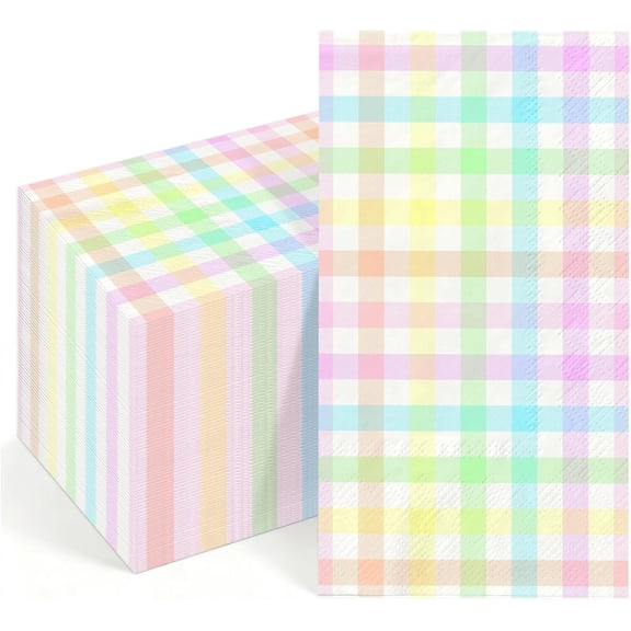 100Pcs Easter Disposable Napkins Colorful Plaid Napkins Paper Spring Summer Holiday Party Napkin Blue Pink Yellow Buffalo Plaid Cocktail Napkin for Rainbow Pastel Party Table Decorations