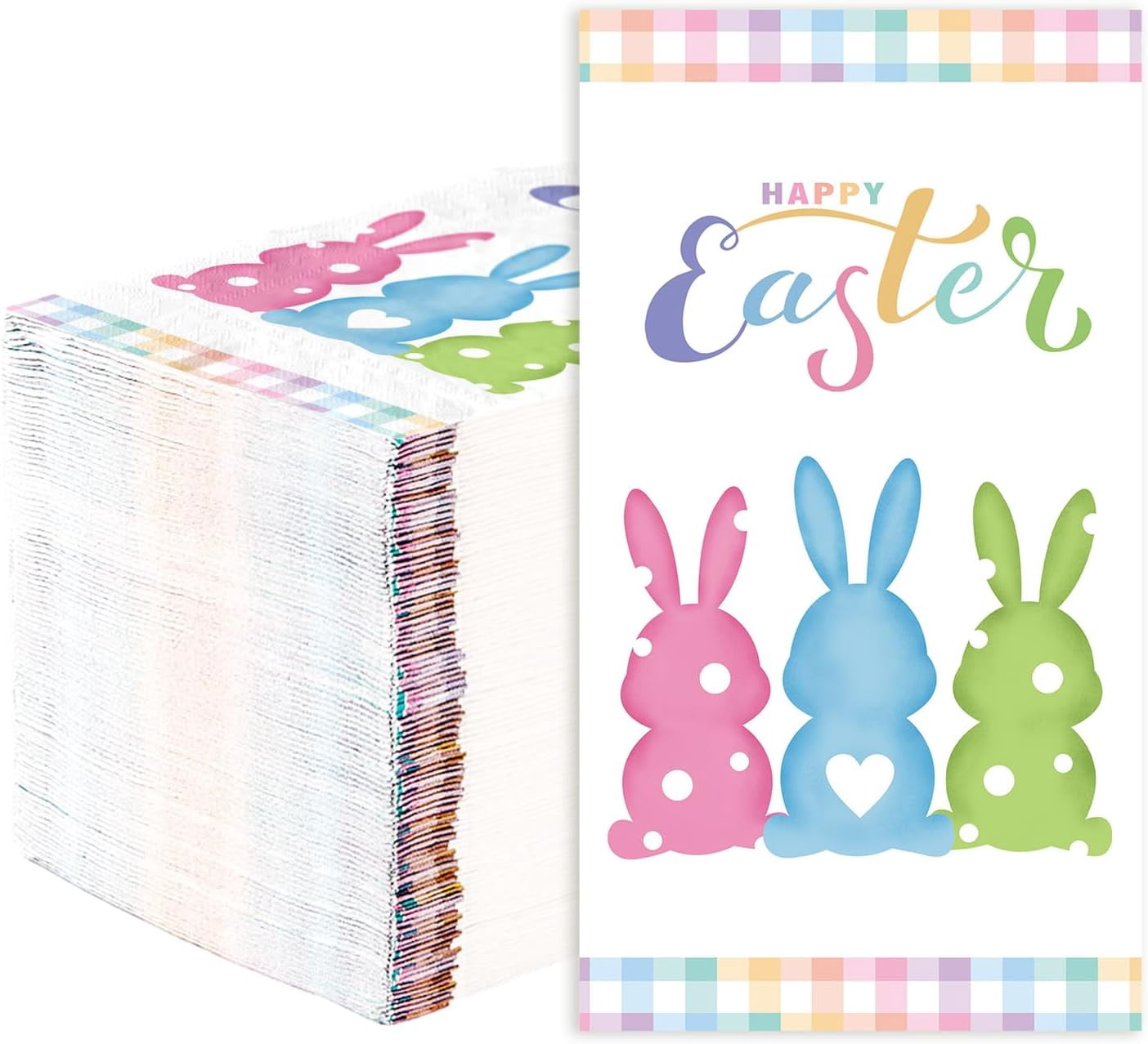 100Pcs Easter Paper Napkins 3 Ply Colorful Bunny Buffalo Check Plaid Disposable Absorbent Hand Towels Gingham Cocktail Guest Napkins for Spring Easter Birthday Dinner Kitchen Party Supplies