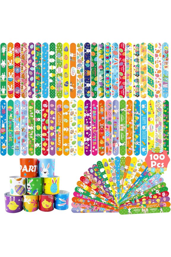 100Pcs Easter Slap Bracelets, Easter Basket Stuffers Party Favors Snap Wristbands for Kids Egg Fillers Gifts Exchange Gifts, Egg Hunt Event, Classroom Prizes, School Supplies