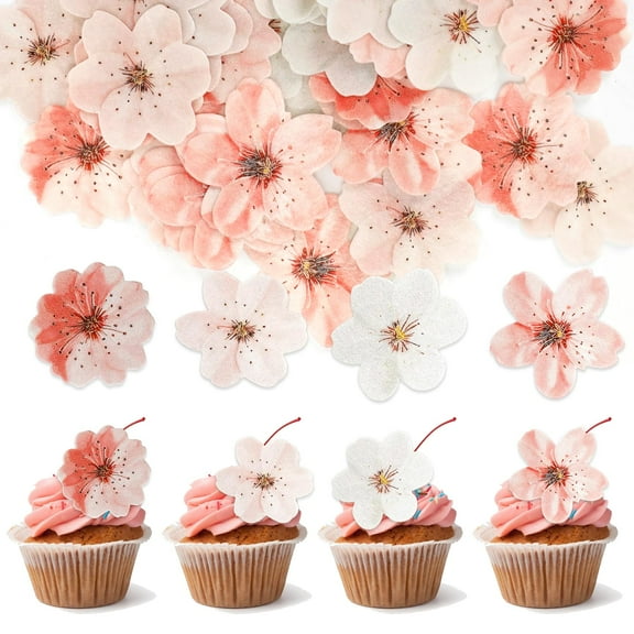100Pcs Edible Flowers Cake Topper, Pink Cherry Blossom Cupcake Toppers Decorations Wafer Paper Flowers Wedding Themed Party Birthday Cake Decoration