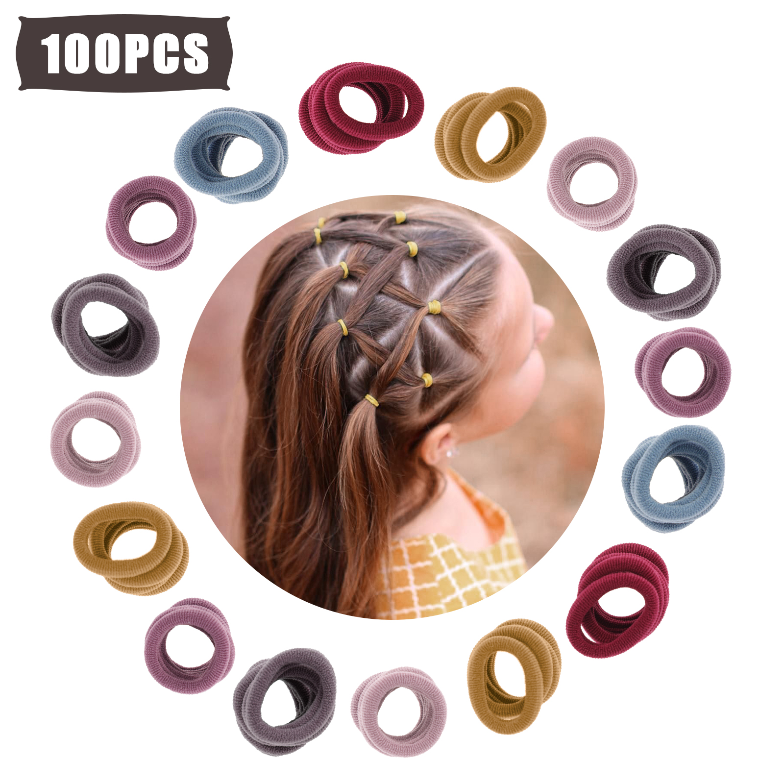 100Pcs Elastic Hair Ties for Girls, Soft Cotton Hair Bands with Multicolor, Small Seamless Hair Scrunchies, Ponytail Holders - image 1 of 9