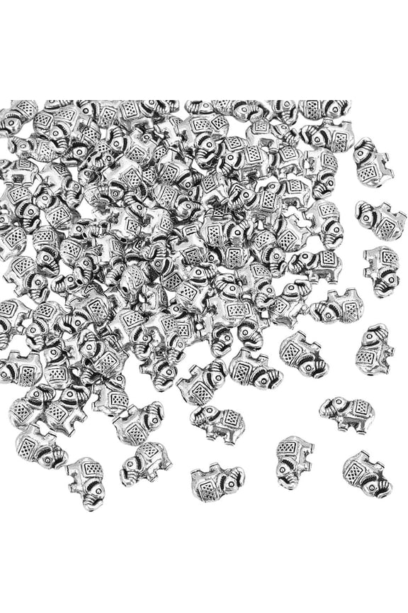 100Pcs Elephant Beads Metal Spacer Beads Silver Loose Spacer Beads Lucky Beads Animal Beads Tibetan Style Beads Alloy Beads for Jewelry Making Bracelet Necklaces DIY Crafts