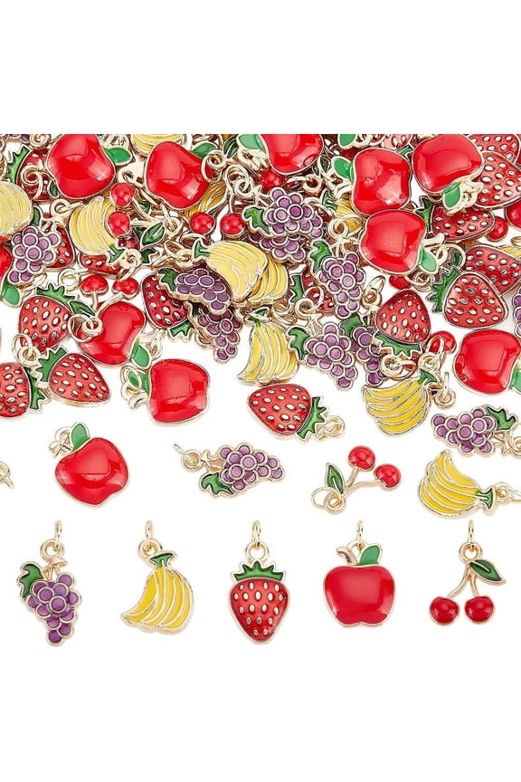 100Pcs Enamel Fruit Charms Pendants Golden Alloy Pendants Banana/Apples/Strawberry/Grape/Cherry Craft Pendant Themed Metal Charms for DIY Necklace Bracelet Jewellery Making Multi-color