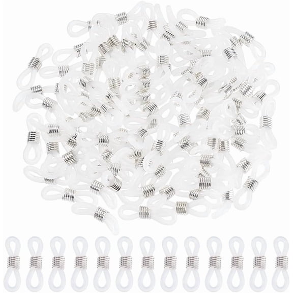 100Pcs Eyeglass Holders Glasses Rubber Loop Ends Iron and Plastic Silver 19x4.2mm for DIY