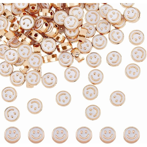 100Pcs Face Beads 8mm Happy Face Beads Alloy Enamel Spacer Beads Flatback Round Face Loose Beads for DIY Crafts Bracelet Earring Necklace Jewelry Making Hole: 1.6mm White