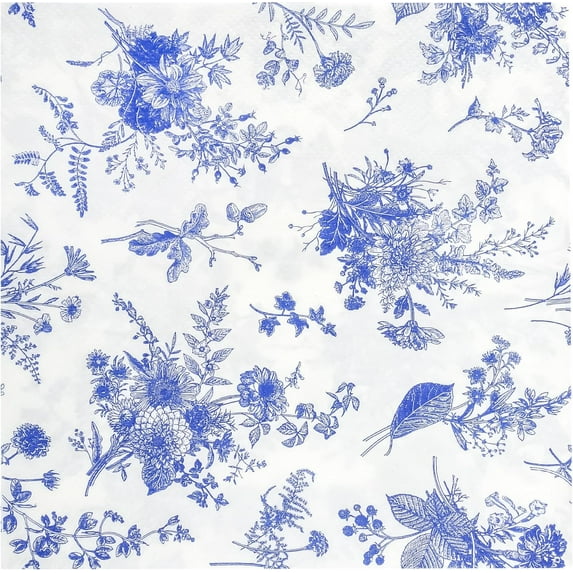 100Pcs Floral Beverage Napkins Blue White Disposable Paper Napkins Flowers Luncheon Cocktail Dinner Hand Towels for Wedding Bridal Baby Shower Birthday Tableware Decorations (Blue)