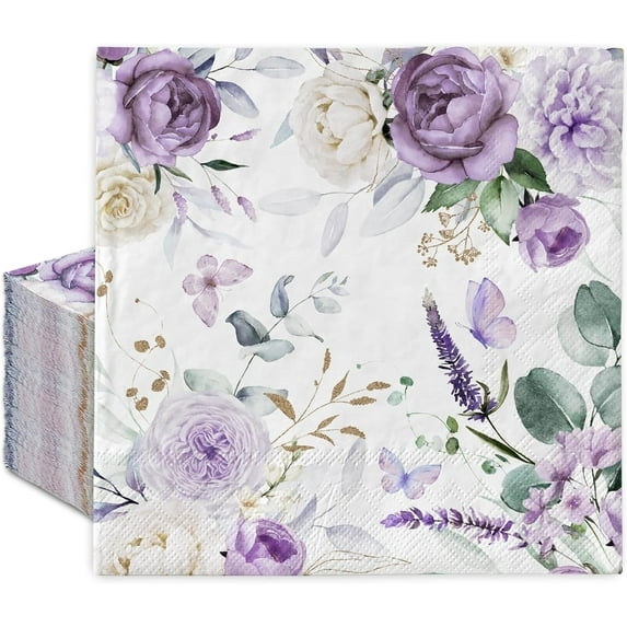 100Pcs Floral Guest Napkins Watercolor Purple Flower Butterfly Disposable Napkins Decorative Hand Towel Paper Napkins for Bathroom Spring Wedding Birthday Party Supplies Table Decor