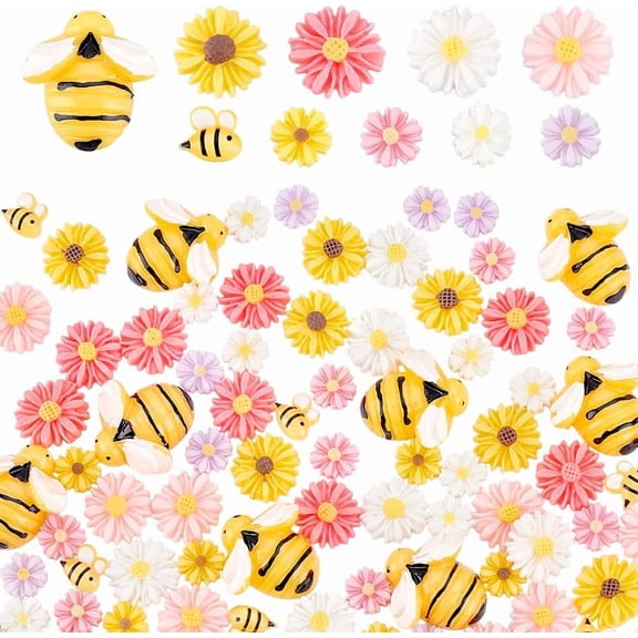 100Pcs Flower Daisy Bees Cabochons 10 Styles Resin Flower Charms Resin Bees Daisy Decor Ladybug Embellishment Sunflower Bees Charms for DIY Craft Wreath Scrapbooking Party Decorations