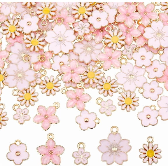 100Pcs Flower Enamel Charms Daisy Flower Pendants Cherry Blossom Flower Charms Cute Pink Floral Pendants for Jewelry Making Bracelet Necklace Earrings Keychain DIY Accessories