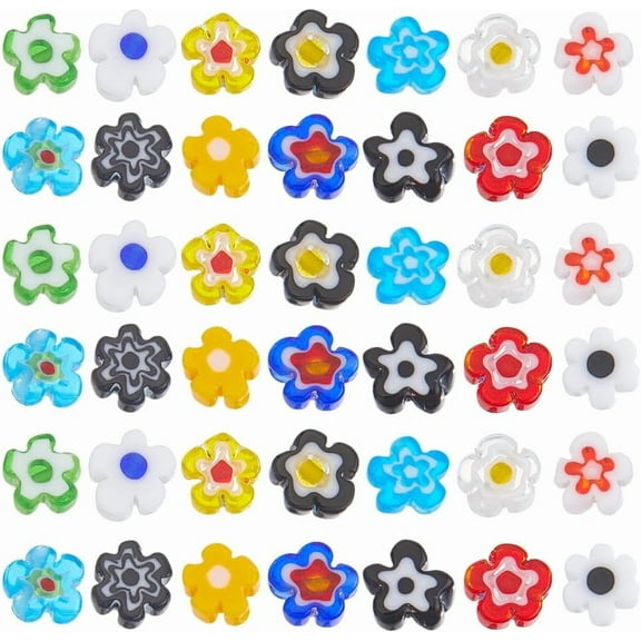 100Pcs Flower Lampwork Glass Beads Bulk Assorted Flat Flower Bracelet Bead Small Millefiori Lampwork Floral Loose Bead