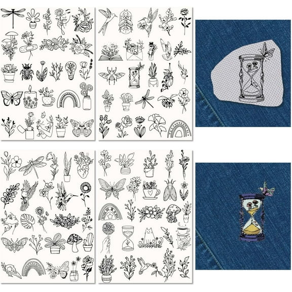 100Pcs Flowers Plants Insect Water Soluble Embroidery Patterns Stabilizers Butterfly Hand Sewing Stick and Stitch Transfers Fabric Wash Away Pre-Printed Adhesive for Bags Cloth Sewing Lovers