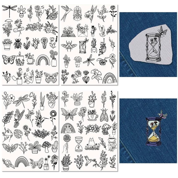 100Pcs Flowers Plants Insect Water Soluble Embroidery Patterns Stabilizers Butterfly Hand Sewing Stick and Stitch Transfers Fabric Wash Away