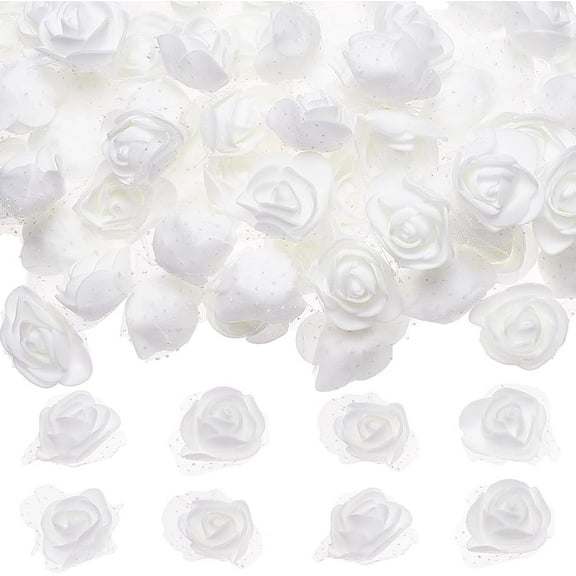 100Pcs Foam Rose Heads with Lace Edge White 3D Artificial Flower Head Small for DIY Crafts Accessories Valentine's Day Home Party Wedding Bridal Bouquet Decoration 1.7 x 1.7in
